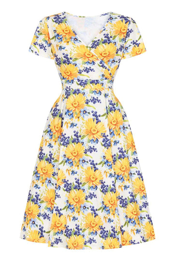 Cuello en V Estampado Amarillo Vestido Vintage Con Mangas Cortas